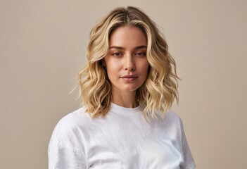Obraz premium woman with shoulder-length blonde hair posing against a light brown backdrop, She wears a white t-shirt and her gaze is directed off to the side