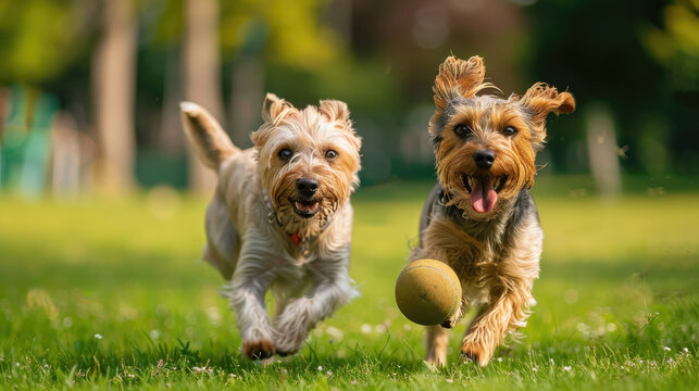 Two happy dogs, both with excited expressions, are running on a grassy field, enthusiastically chasing a yellow ball.