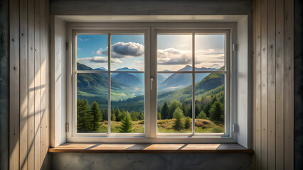 Fototapeta premium beautiful luxury window with a view on nature landscape, travel vacation concept background
