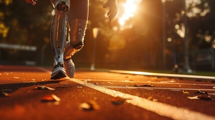 Detailed view of an athletes enhanced running prosthetic in action
