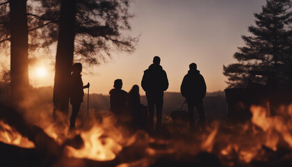 A group of friends camping around a crackling bonfire, with the sunset in view
