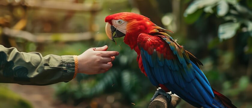 Highdefinition shot of a zookeepers hand feeding a parrot, with room for text