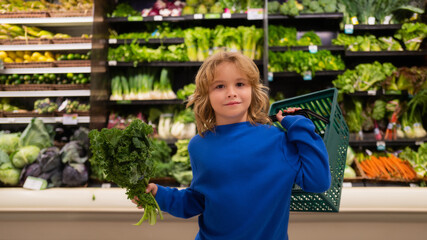 Child with shopping basket and fresh vegetables. Kid in a food store or a supermarket. Little kid going shopping. Healthy food for kids.