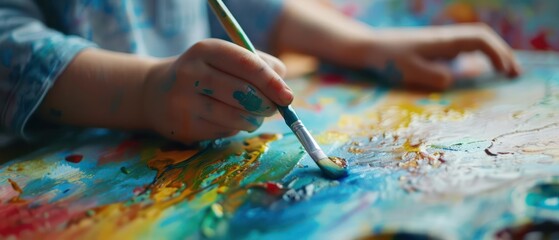 Naklejka premium Highdefinition shot of a childs hand painting with watercolors, with room for text