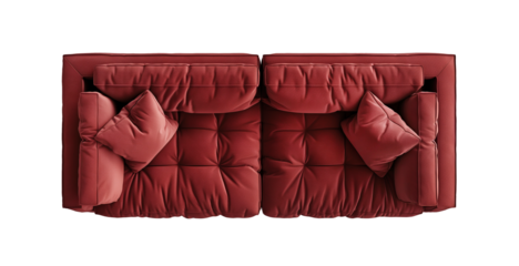 A red velvet two-seater sofa viewed from above, isolated against a transparent background