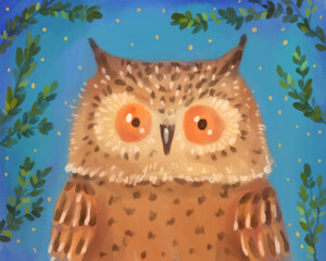 Whimsical Owl Illustration with Bright Orange Eyes