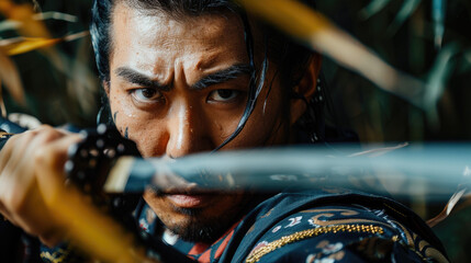 A warrior intensely gazes forward, holding a sword in both hands. Sweat is visible on his forehead, and his expression is focused and determined.