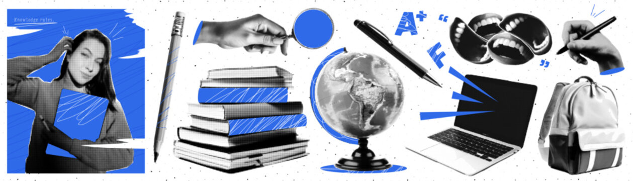 A set of cutout trending elements halftone collage on the theme of education and back to school. Stationery, books, laptop, girl student, globe. Contemporary vector graphics.