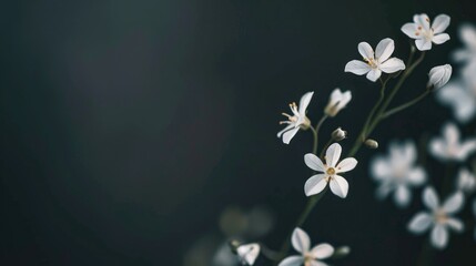 Tiny delicate flowers on plant with dark background and space for text