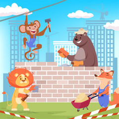 Naklejka premium animals builders. fox bear lion and monkey home repair cartoon vector happy characters