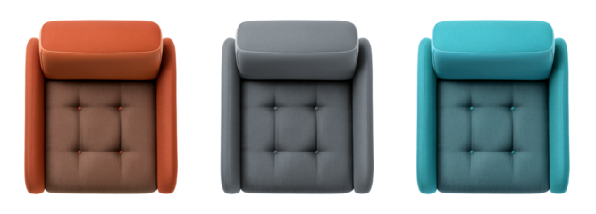 A set of geometric style modern tufted sofa chairs viewed from above, isolated on a transparent background