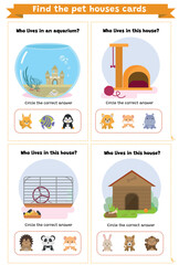 Pets and their comes. Printable cards. Where do pets live? Find pet homes.Educational children game. Quiz game for kids.