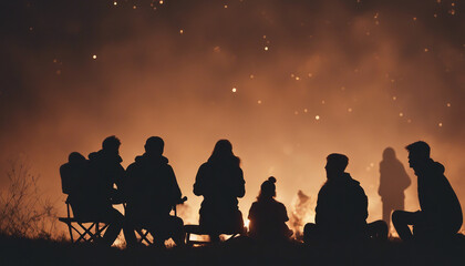 A group of friends camping around a crackling bonfire, with the sunset in view
