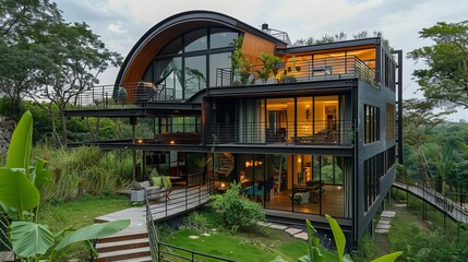 A new eco-friendly house stands apart from the others due to its innovative design.