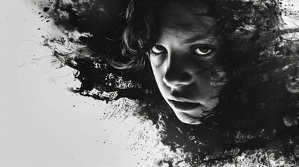 An intense stare frozen in the midst of a midair jump. Black and white art