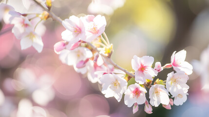 Obraz premium Blooming appricot branch with bokeh in the background in pink tone. Place for text. Spring time