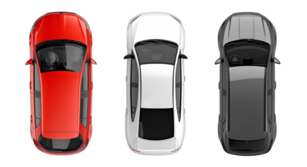 Set of modern cars, viewed from above, isolated against a transparent background