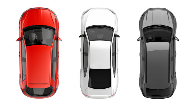 Set of modern cars, viewed from above, isolated against a transparent background