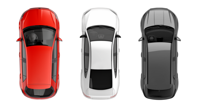Set of modern cars, viewed from above, isolated against a transparent background