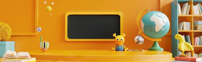 3D Rendering back to school interior study room for children cute icon cartoon style. 3D Render illustration. AI generated illustration