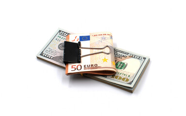 Banknotes of one hundred dollars and fifty euros on a white background. 