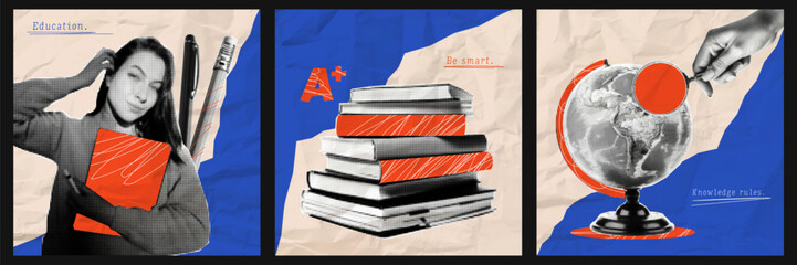 A set of contemporary style halftone collage posters on the theme of learning and back to school. Grunge texture of crumpled paper. Contemporary vector graphics.