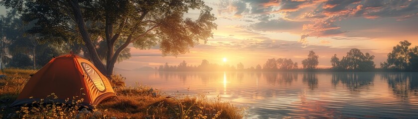 Obraz premium Scenic sunrise view over a tranquil lake with a campsite in the foreground, featuring vibrant colors and a peaceful atmosphere.