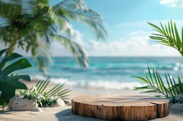 Fototapeta premium Round Wooden Platform on Sandy Beach With Ocean and Palm Trees in Background