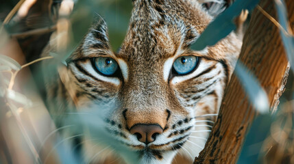 A lynx with striking blue eyes peers intently through foliage. The close-up captures the animal's intense gaze amidst a natural, wild setting.