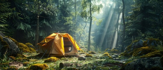 Sunlit forest camping scene with yellow tent on mossy ground, surrounded by trees and serene nature, perfect for adventure enthusiasts.