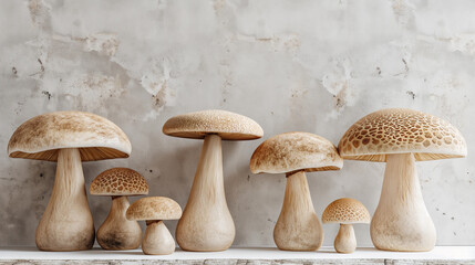 A row of mushrooms are lined up on a counter