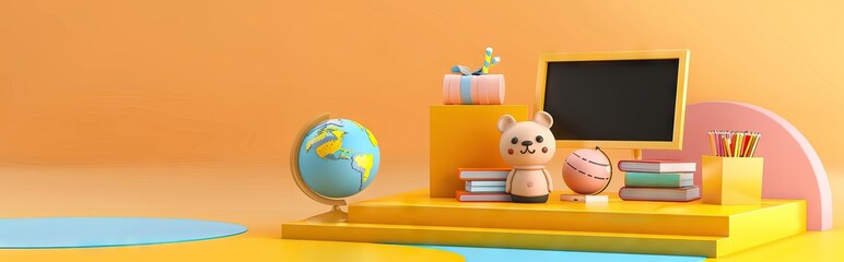 3D Rendering back to school interior study room for children cute icon cartoon style. 3D Render illustration. AI generated illustration