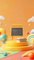 3D Rendering back to school interior study room for children cute icon cartoon style. 3D Render illustration. AI generated illustration