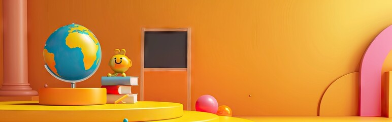 3D Rendering back to school interior study room for children cute icon cartoon style. 3D Render illustration. AI generated illustration