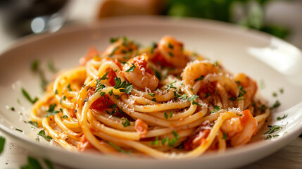 plate pasta Spaghetti with tomato sauce, basil and cheese on the table at restaurant