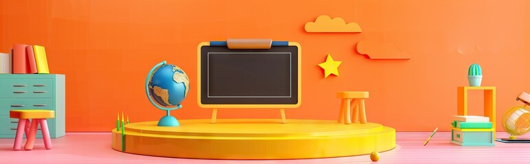 3D Rendering back to school interior study room for children cute icon cartoon style. 3D Render illustration. AI generated illustration