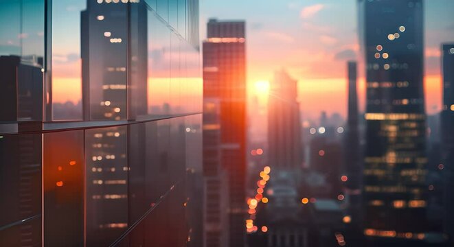 Warm sunset light diffuses through the modern glass buildings of an urban skyline, casting a glow over the city.