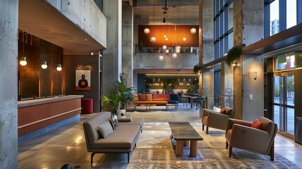 Fototapeta premium modern lobby interior design, Contemporary Reception Counter Design. Stylish and Functional Lobby Area with Modern Interior