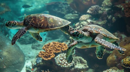 Obraz premium A pair of sea turtles swimming side by side near the coral reef, their graceful movements synchronized in the clear blue water