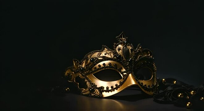 Elegant golden mask adorned with intricate designs on a dark background.