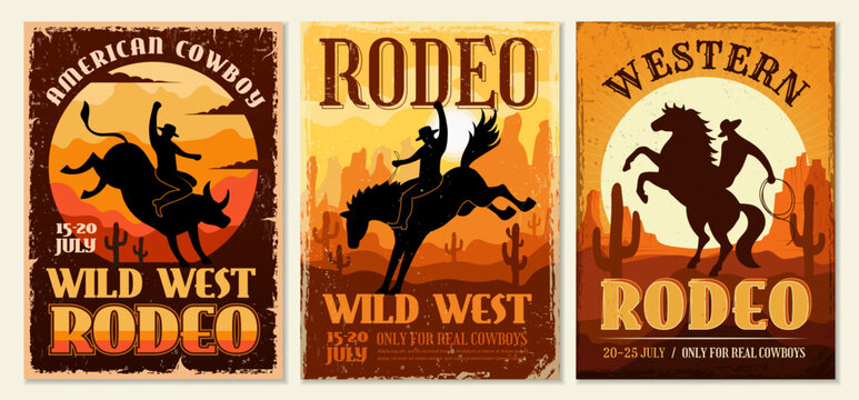 Western poster. Cowboys rodeo recent vector old style vintage placards with place for text