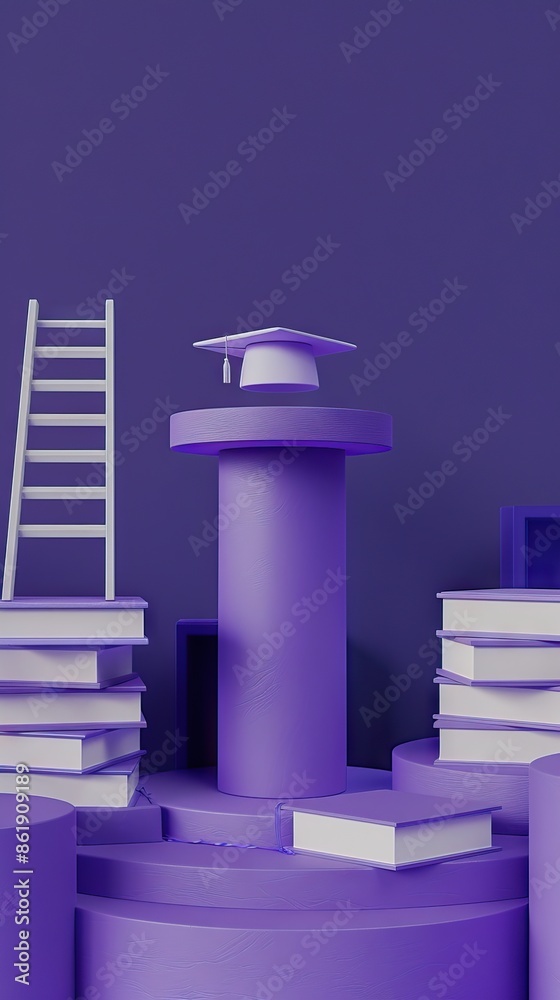 Wall mural 3D rendering of a podium with a graduation hat, ladder and books on a purple background. AI generated illustration - Wall murals