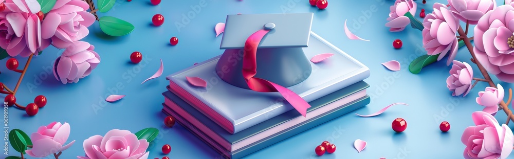 Canvas Prints a mortarboard and graduation scroll, tied with red ribbon, on a stack of books. ai generated illustr - Canvas Prints