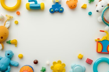 Colorful educational baby toys set on white background, top view for early learning