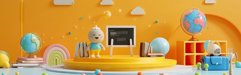 3D Rendering back to school interior study room for children cute icon cartoon style. 3D Render illustration. AI generated illustration