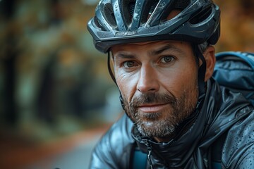 Obraz premium Photo of Businessman Adjusting Cycling Helmet on the Way to Work