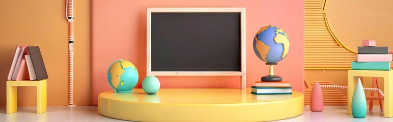 3D Rendering back to school interior study room for children cute icon cartoon style. 3D Render illustration. AI generated illustration