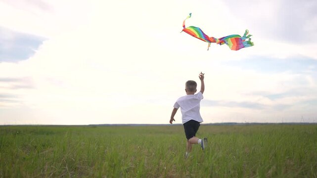 A child is running on the grass with a kite. Leisure fun sun concept. A boy is running with a kite in a park. A boy and a child running on the grass lifestyle in a park.