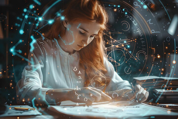 A young woman astrologer makes an astrological forecast. Concept of horoscopes, tarot cards and numerology