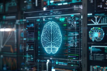 Advancements in brain computer interface holographic brain scan surrounded by data visualizations